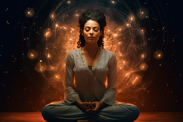 Mulher meditando em posição flor de lótus
